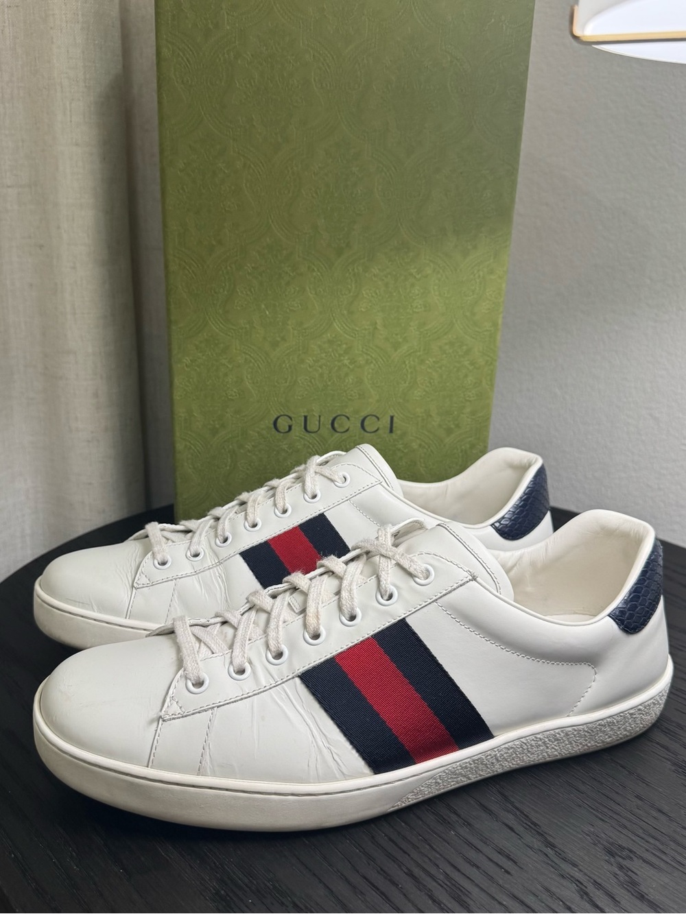 Gucci Ace Web Stripe Classic Leather Sneakers White 10.5